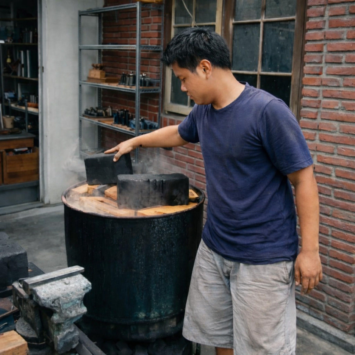 染料を煮含め、洗い、干す。理想の黒になるまで繰り返します。