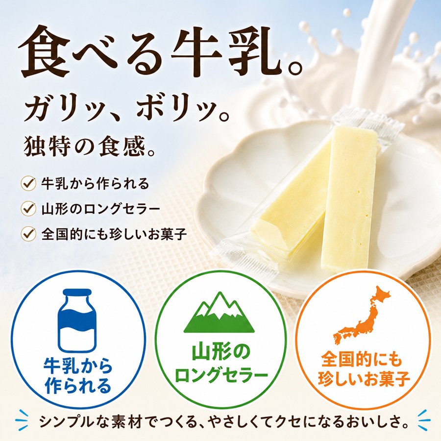 ミルクケーキとは 食べる牛乳 ガリッ、ボリッとした独特の食感 牛乳から作られる山形のロングセラー菓子