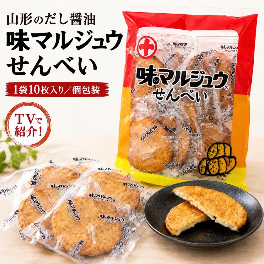味マルジュウせんべい 1袋10枚入り 個包装 山形のだし醤油せんべい