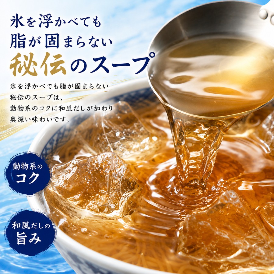 氷を浮かべても脂が固まらない秘伝のスープ