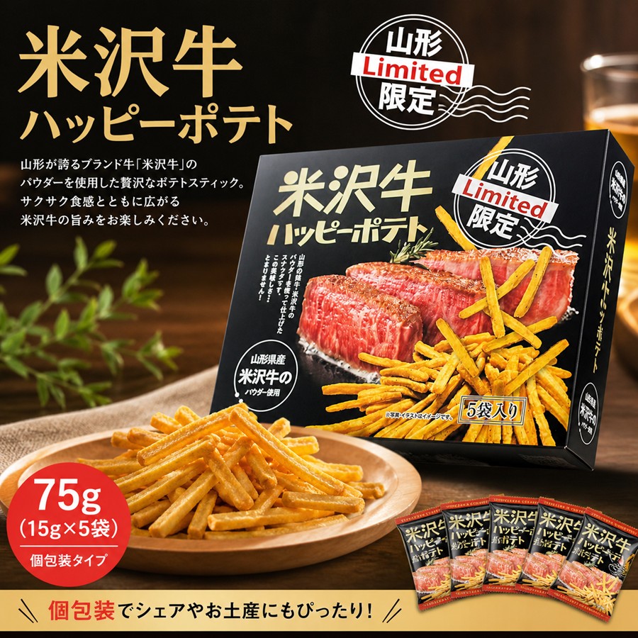 米沢牛ポテトスティックの商品パッケージとポテトスティックのイメージ