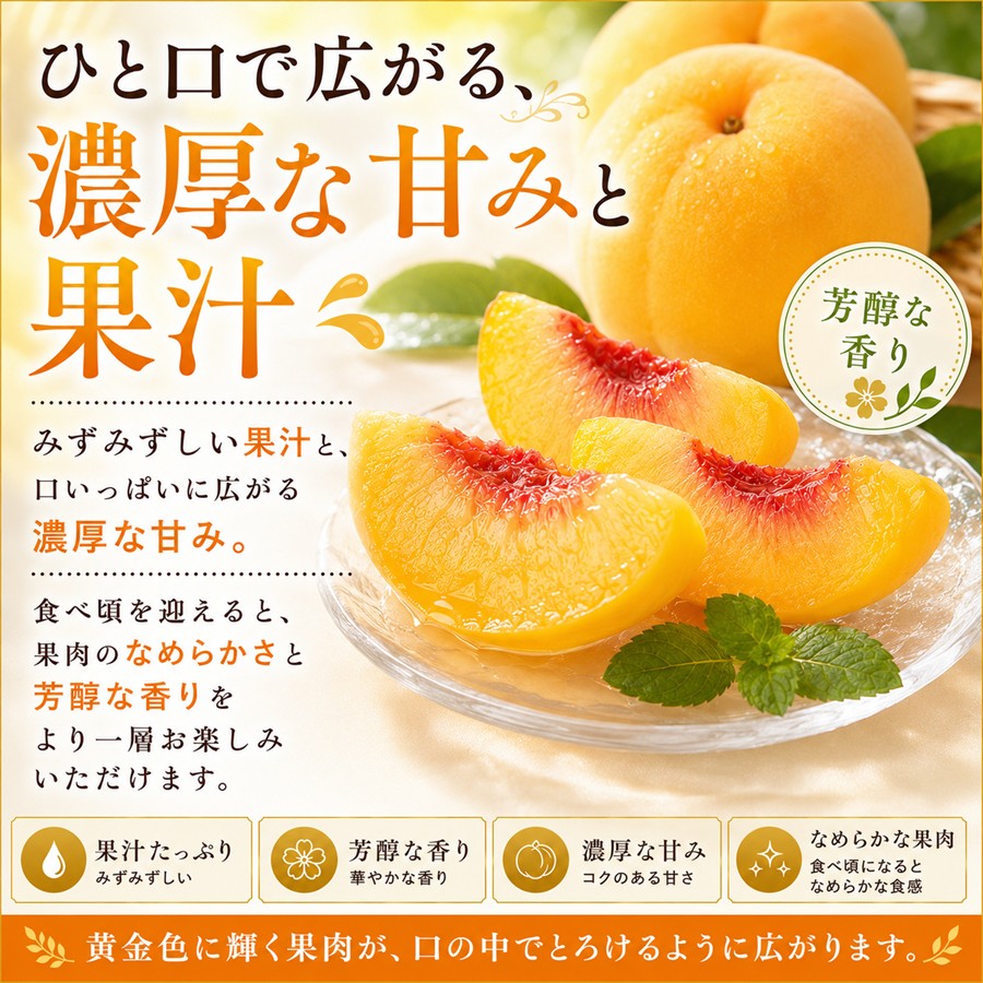 黄金桃の濃厚な甘み みずみずしい果汁 なめらかな果肉 芳醇な香り