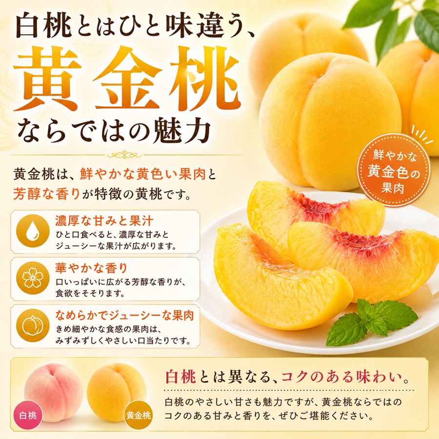 黄金桃の黄色い果肉と濃厚な甘み 芳醇な香り