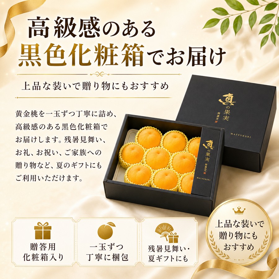 黄金桃を高級感のある黒色化粧箱に入れてお届け