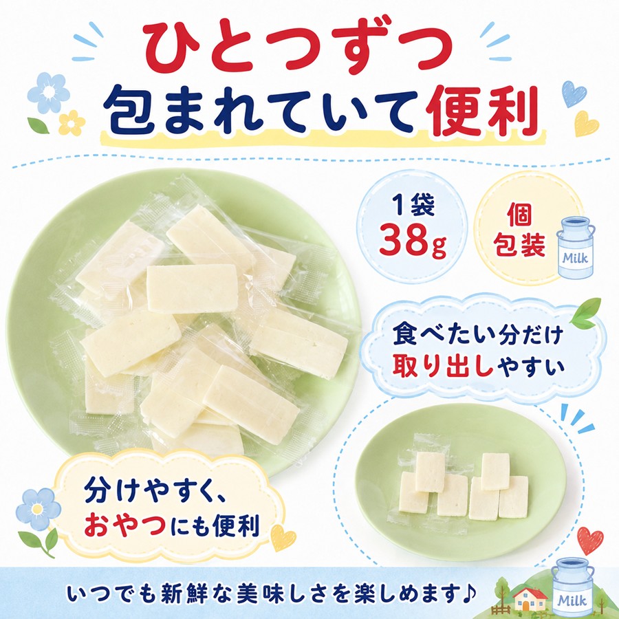 おしどりミルクケーキminiはひとつずつ包まれた個包装 1袋38g