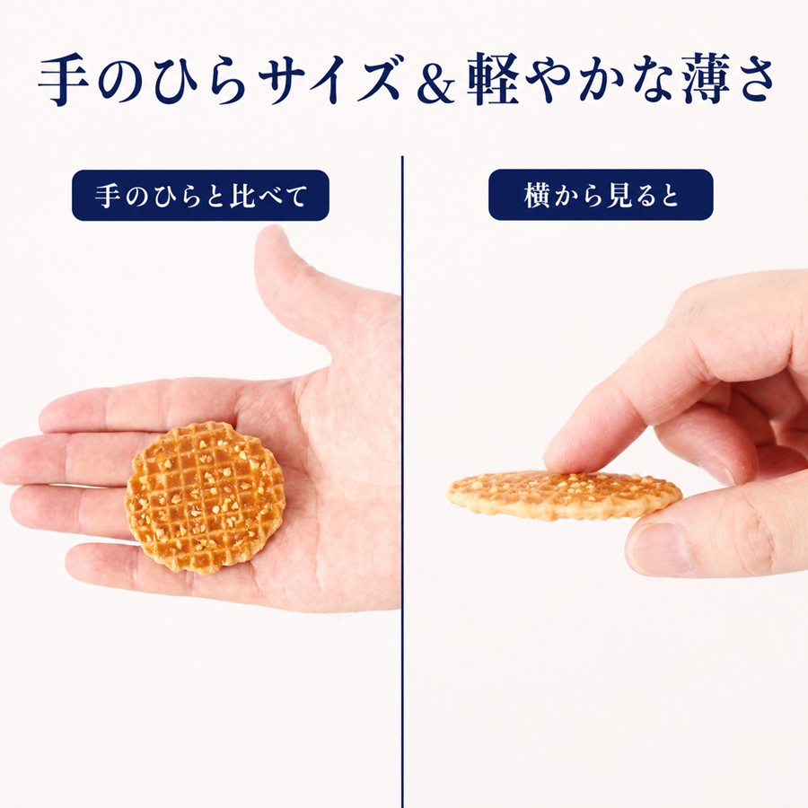 焦がしキャラメルバターワッフルの手のひらサイズと横から見た薄さ