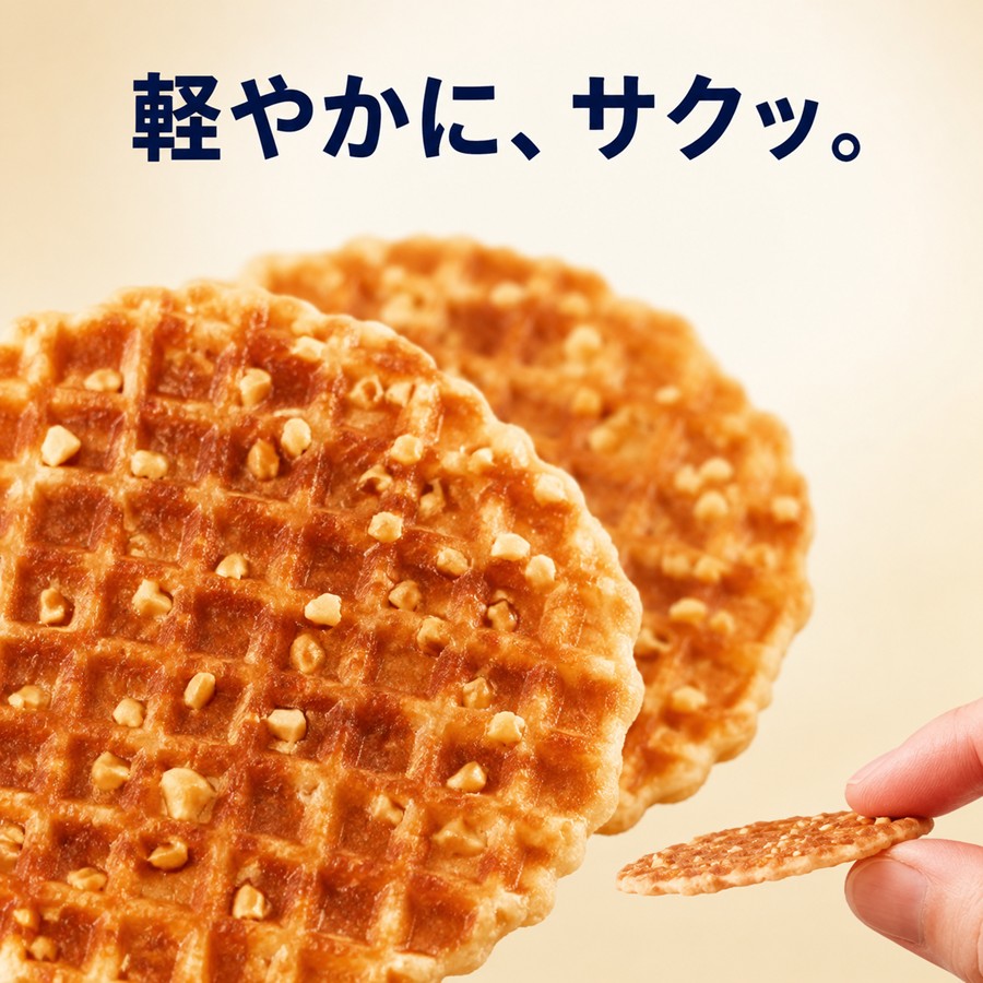 焦がしキャラメルバターワッフルの格子模様とアーモンド 薄さが分かる接写