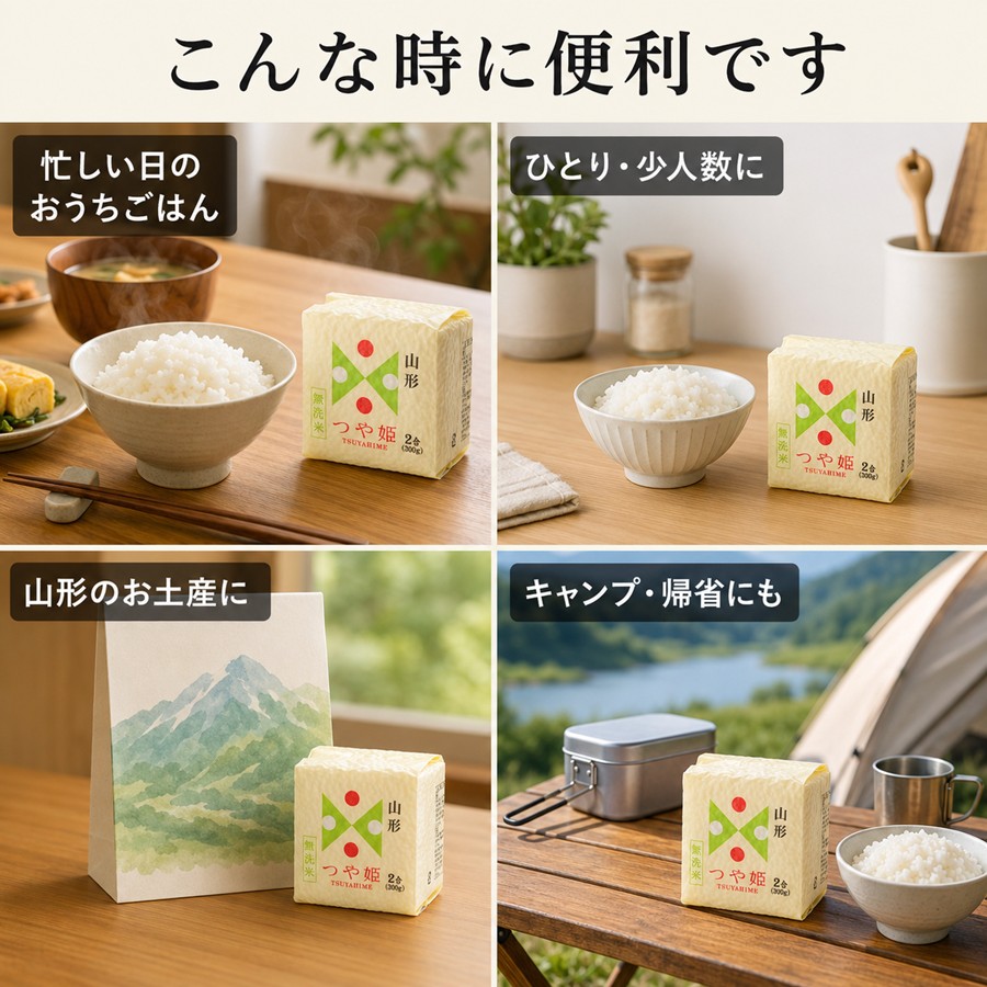 つや姫無洗米キューブの利用シーン 忙しい日 少人数 山形土産 キャンプ