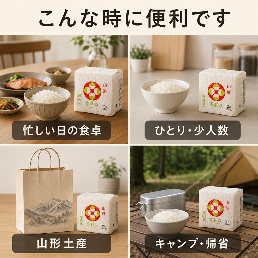 雪若丸 無洗米キューブを忙しい日の食卓、少人数、山形土産、キャンプや帰省で使うシーン