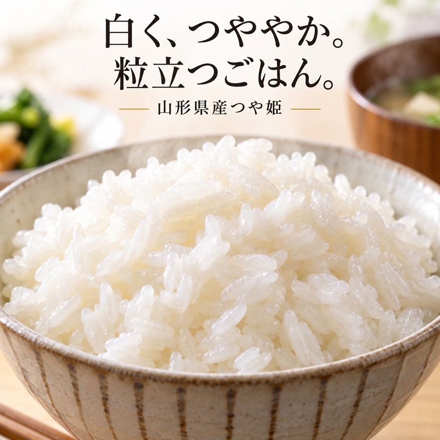 白くつややかな山形県産つや姫の炊きたてご飯