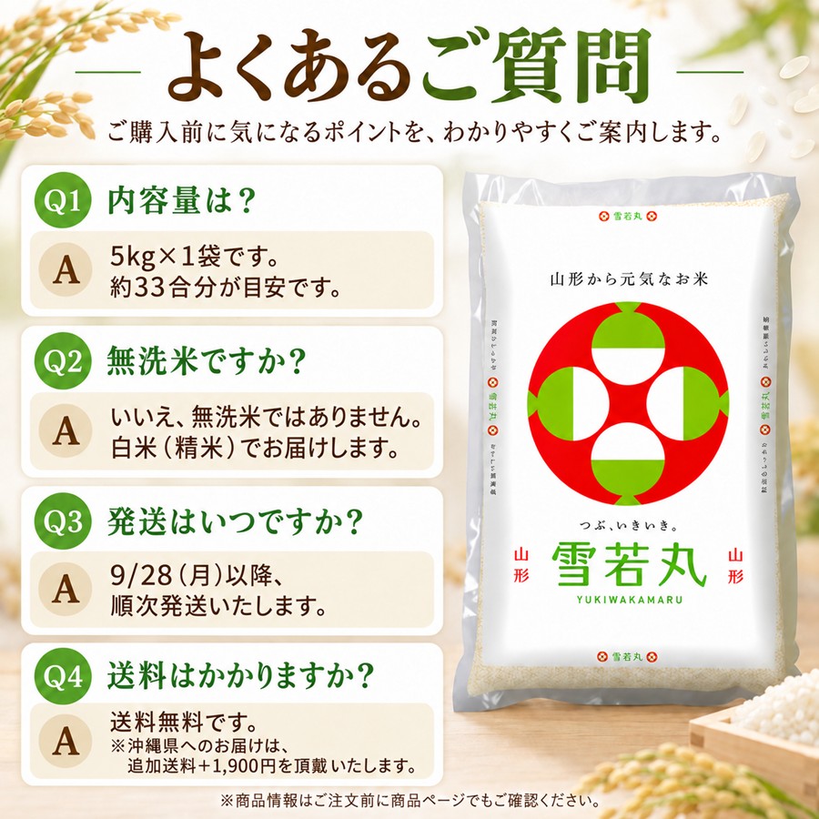 雪若丸5kg よくある質問 内容量 無洗米 発送 送料