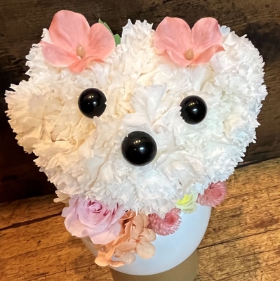 プリザーブドフラワーアニマルアレンジ/白いワンちゃん