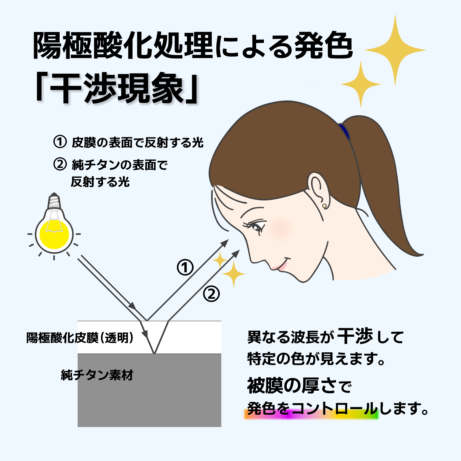 陽極酸化処理による発色「干渉現象」は、①「被膜の表面で反射する光」と②「純チタンの表面で反射する光」のそれぞれ異なる波長が干渉して、特定の色が見えます。被膜の厚さで発色をコントロールします。
