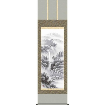 掛軸/山水画/水墨山水/幽山蒼流/伊藤渓山/三美会/正絹二丁本表装/尺五サイズ幅54.5cm/桐箱畳紙収納/表装品質十年保証