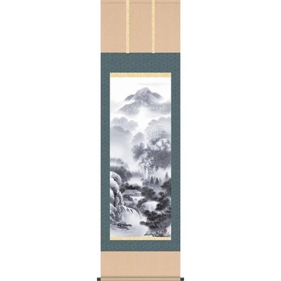 掛軸/山水画/水墨山水/閑雅悠景/長江桂舟/三美会/洛彩緞子本表装/尺五サイズ幅54.5cm/桐箱畳紙収納/表装品質十年保証