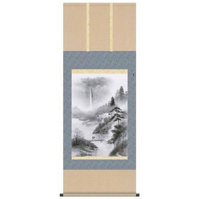 掛軸/山水画/水墨山水/山河望郷/上村修香/清瀧会/洛彩緞子本表装/尺五サイズ幅54.5cm/桐箱畳紙収納/表装品質十年保証