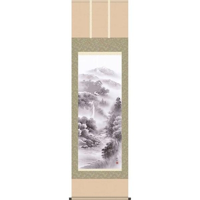 掛軸/山水画/水墨山水/悠景彩遷/長江桂舟/三美会/正絹二丁本表装/尺五サイズ幅54.5cm/桐箱畳紙収納/表装品質十年保証