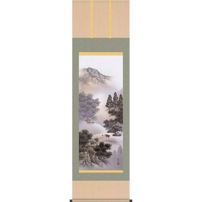 掛軸/山水画/水墨山水/閑雅悠景/長江桂舟/三美会/洛彩緞子本表装/尺五サイズ幅54.5cm/桐箱畳紙収納/表装品質十年保証
