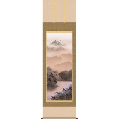 掛軸/山水画/水墨山水/富士閑景/熊谷千風/草夕会/正絹二丁本表装/尺五サイズ幅54.5cm/桐箱畳紙収納/表装品質十年保証