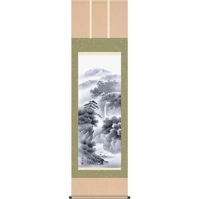 掛軸/山水画/水墨山水/蒼山憧憬/長江桂舟/三美会/洛彩緞子本表装/尺五サイズ幅54.5cm/桐箱畳紙収納/表装品質十年保証