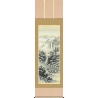 掛軸/山水画/水墨山水/水墨山水/佐藤静雲/悠創会/洛彩緞子本表装/尺五サイズ幅54.5cm/桐箱畳紙収納/表装品質十年保証