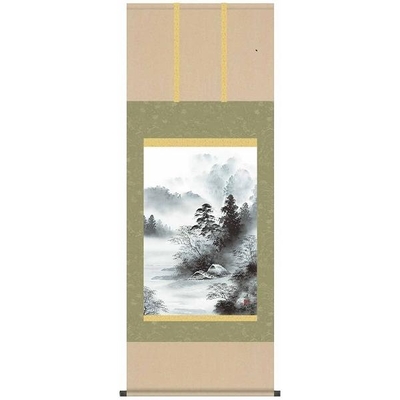 掛軸/山水画/水墨山水/水墨山水/戸塚翠漣/白翠会/洛彩緞子本表装/尺五サイズ幅54.5cm/桐箱畳紙収納/表装品質十年保証