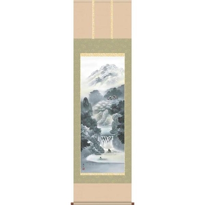 掛軸/山水画/水墨山水/幽山蒼流/伊藤渓山/三美会/正絹二丁本表装/尺五サイズ幅54.5cm/桐箱畳紙収納/表装品質十年保証