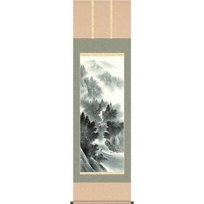 掛軸/山水画/水墨山水/悠景彩遷/熊谷千風/草夕会/洛彩緞子本表装/尺五サイズ幅54.5cm/桐箱畳紙収納/表装品質十年保証
