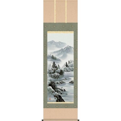 掛軸/山水画/水墨山水/閑雅悠景/鈴村秀山/三美会/洛彩緞子本表装/尺五サイズ幅54.5cm/桐箱畳紙収納/表装品質十年保証