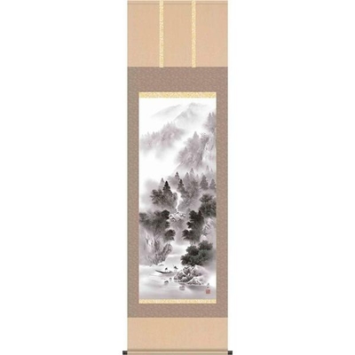 掛軸/山水画/水墨山水/悠景山水/伊藤渓山/三美会/洛彩緞子本表装/尺五サイズ幅54.5cm/桐箱畳紙収納/表装品質十年保証