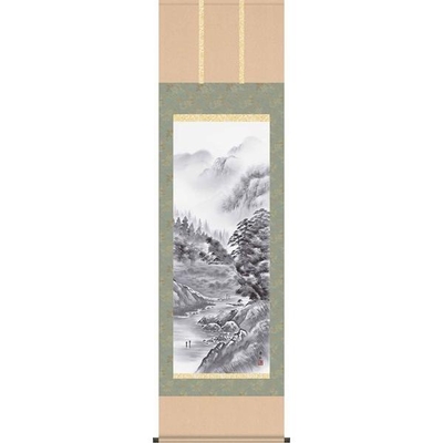 掛軸/山水画/水墨山水/紫山憧憬/鈴村秀山/三美会/洛彩緞子本表装/尺五サイズ幅54.5cm/桐箱畳紙収納/表装品質十年保証