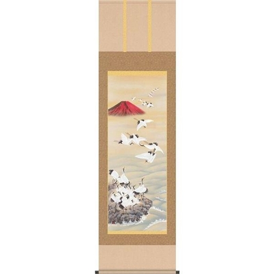 掛軸/慶祝・縁起画/鶴亀/赤富士飛翔/長江桂舟/三美会/洛彩緞子本表装/尺五サイズ幅54.5cm/桐箱畳紙収納/表装品質十年保証