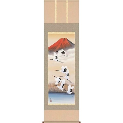 掛軸/慶祝・縁起画/鶴亀/赤富士飛翔/瀬田功舟/洛友会/洛彩緞子本表装/尺五サイズ幅54.5cm/桐箱畳紙収納/表装品質十年保証