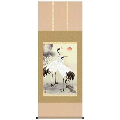 掛軸/慶祝・縁起画/鶴亀/松竹梅鶴亀/小野洋舟/幸洋会/洛彩緞子本表装/尺五サイズ幅54.5cm/桐箱畳紙収納/表装品質十年保証