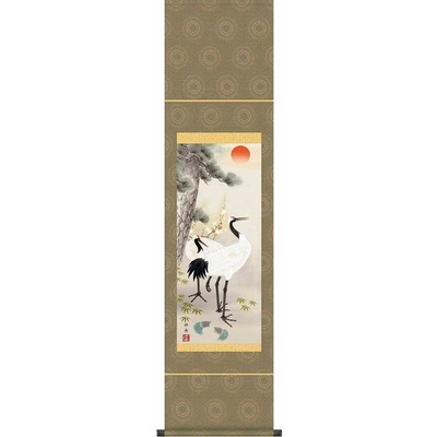 掛軸/慶祝・縁起画/鶴亀/松竹梅鶴亀/瀬田功舟/洛友会/洛彩緞子本表装/尺三サイズ幅44.7cm/化粧箱収納/表装品質十年保証