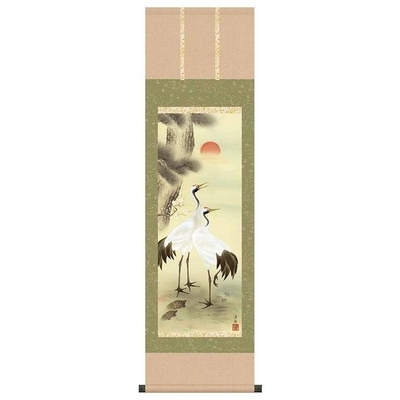掛軸/慶祝・縁起画/鶴亀/松竹梅鶴亀/小野洋舟幸洋会/洛彩緞子本表装/尺幅サイズ幅31cm/化粧箱収納/表装品質十年保証