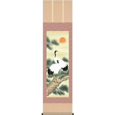 掛軸/慶祝・縁起画/鶴亀/松上双鶴/浮田秋水/草夕会/洛彩緞子本表装/尺三サイズ幅44.5cm/化粧箱収納/表装品質十年保証