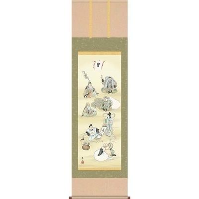 掛軸/慶祝・縁起画/七福神/七福神/榎本東山/竹翠会/洛彩緞子本表装/尺五サイズ幅54.5cm/桐箱畳紙収納/表装品質十年保証