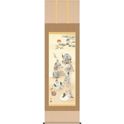 掛軸/慶祝・縁起画/七福神/七福神/榎本東山/竹翠会/洛彩緞子本表装/尺五サイズ幅54.5cm/桐箱畳紙収納/表装品質十年保証