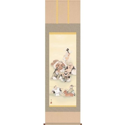 掛軸/慶祝・縁起画/七福神/七福神/榎本東山/竹翠会/洛彩緞子本表装/尺五サイズ幅54.5cm/桐箱畳紙収納/表装品質十年保証