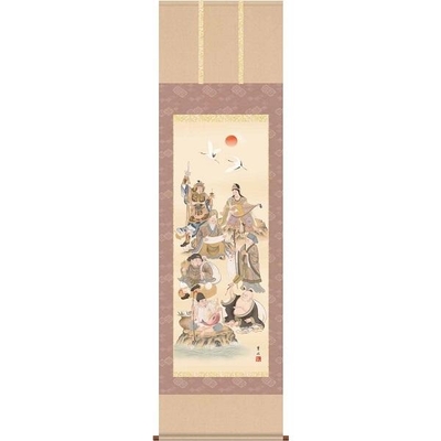 掛軸/慶祝・縁起画/七福神/七福神/緒方葉水/清瀧会/洛彩緞子本表装/尺五サイズ幅54.5cm/桐箱畳紙収納/表装品質十年保証