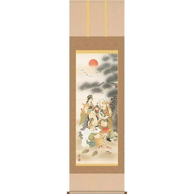 掛軸/慶祝・縁起画/七福神/七福神/鵜飼雄平/竹翠会/洛彩緞子本表装/尺五サイズ幅54.5cm/桐箱畳紙収納/表装品質十年保証