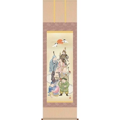掛軸/慶祝・縁起画/七福神/七福神/緒方葉水/清瀧会/洛彩緞子本表装/尺五サイズ幅54.5cm/桐箱畳紙収納/表装品質十年保証