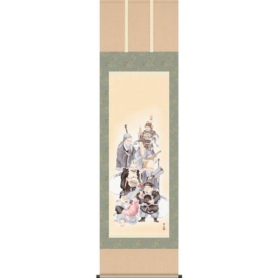 掛軸/慶祝・縁起画/七福神/七福神/緒方葉水/清瀧会/洛彩緞子本表装/尺五サイズ幅54.5cm/桐箱畳紙収納/表装品質十年保証