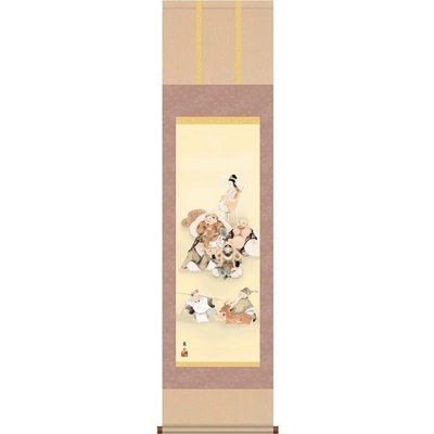 掛軸/慶祝・縁起画/七福神/七福神/榎本東山/竹翠会/洛彩緞子本表装/尺三サイズ幅44.5cm/化粧箱収納/表装品質十年保証