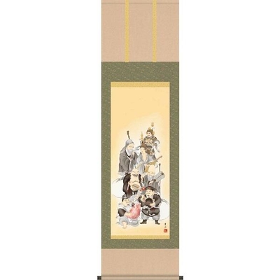 掛軸/慶祝・縁起画/七福神/七福神/緒方葉水/清瀧会/洛彩緞子本表装/尺三サイズ幅44.5cm/化粧箱収納/表装品質十年保証