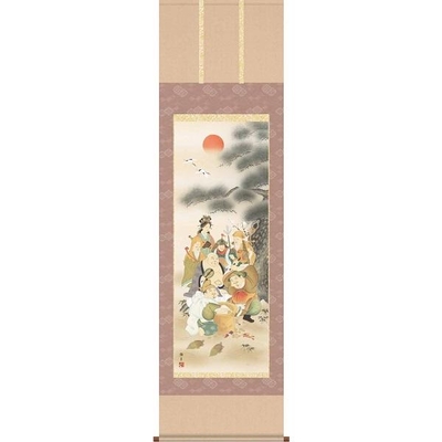掛軸/慶祝・縁起画/七福神/七福神/鵜飼雄平/竹翠会/洛彩緞子本表装/尺五サイズ幅54.5cm/桐箱畳紙収納/表装品質十年保証