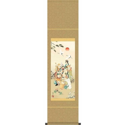 掛軸/慶祝・縁起画/七福神/七福神/鵜飼雄平/竹翠会/洛彩緞子本表装/尺幅サイズ幅35cm/化粧箱収納/表装品質十年保証