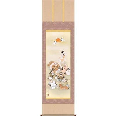掛軸/慶祝・縁起画/七福神/七福神/榎本東山/竹翠会/洛彩緞子本表装/尺五サイズ幅54.5cm/桐箱畳紙収納/表装品質十年保証
