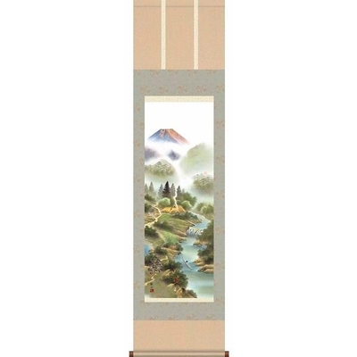 掛軸/開運画/開運山水/風水霊峰四神図/狭山観水/趣粋会/洛彩緞子本表装/尺三サイズ幅44.5cm&times;高さ164cm/化粧箱収納/表装品質十年保証
